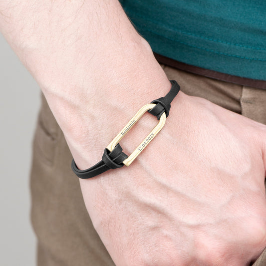 Personalized Men's Shoreditch Gold Bar Black Leather Bracelet