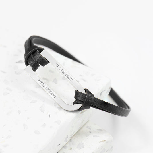 Personalized Men's Shoreditch Silver Bar Black Leather Bracelet