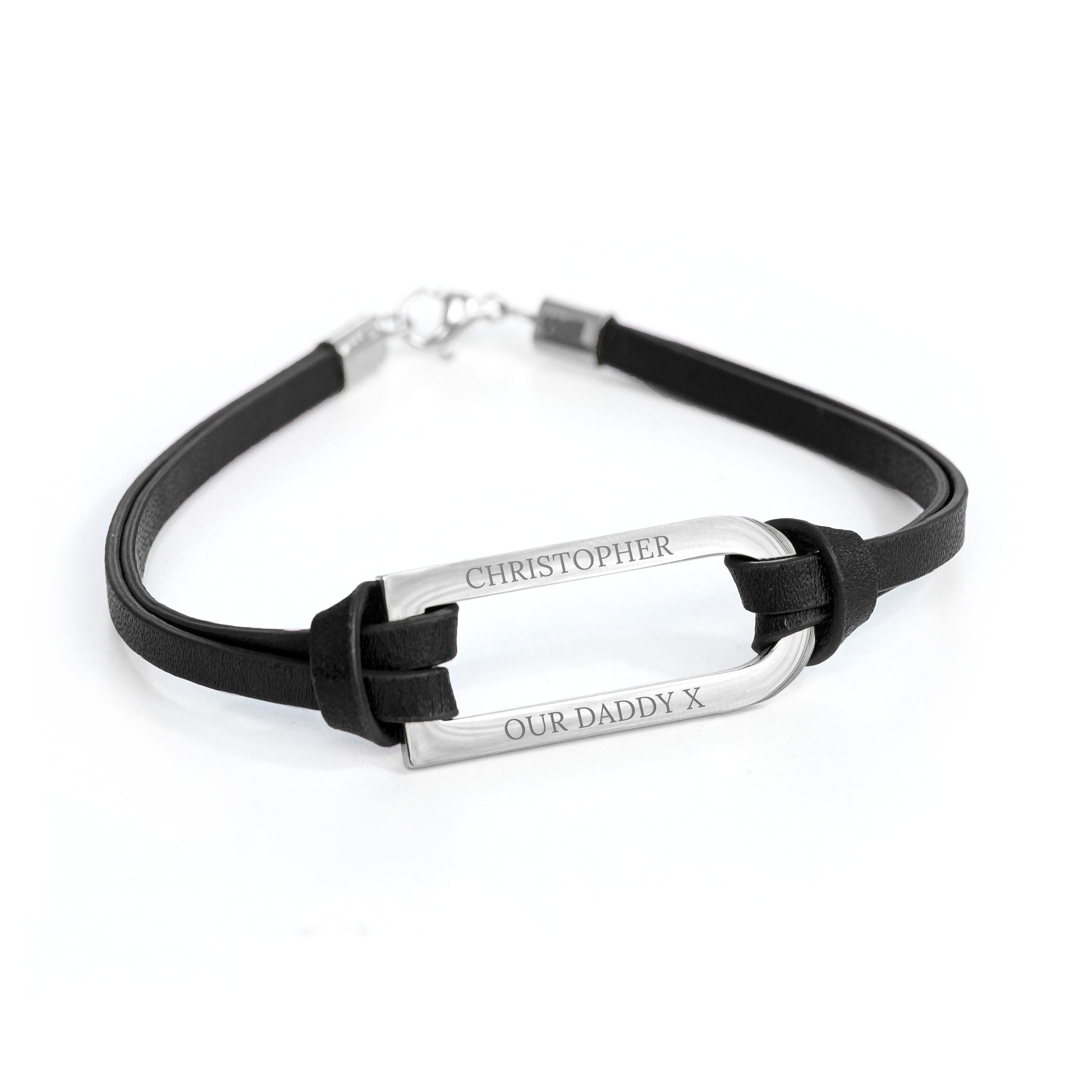Personalized Men's Bracelets - Personalized Men's Shoreditch Silver Bar Black Leather Bracelet 