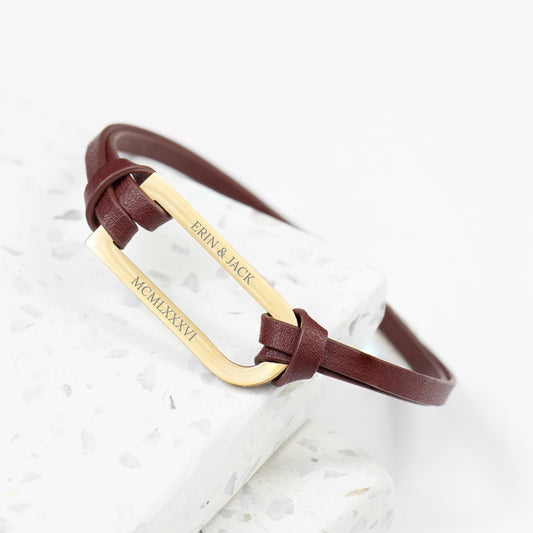 Personalized Men's Shoreditch Gold Bar Brown Leather Bracelet