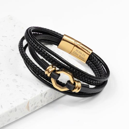 Personalized Men's Mayfair Leather Bracelet in Gold