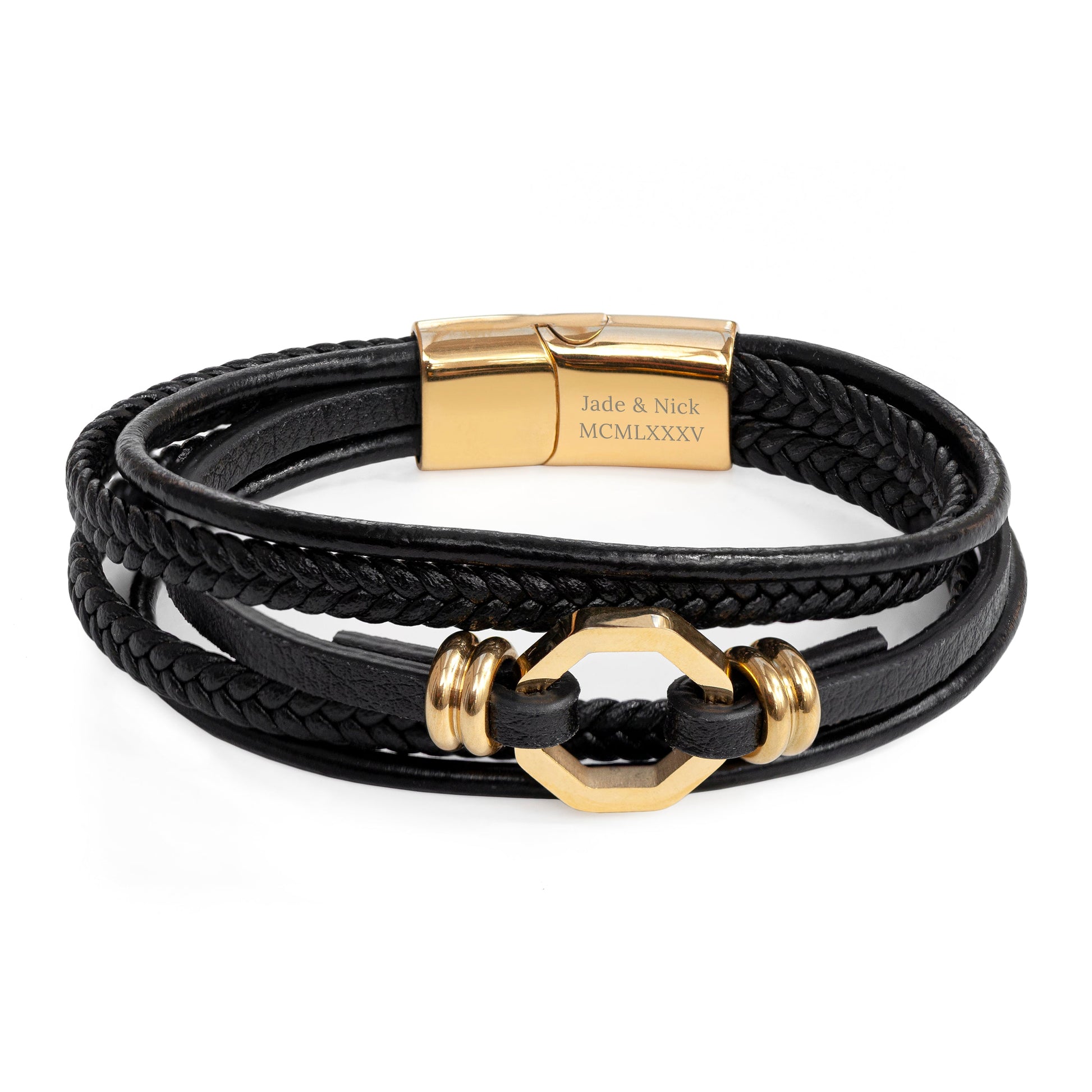 Personalized Men's Bracelets - Personalized Men's Mayfair Leather Bracelet in Gold 