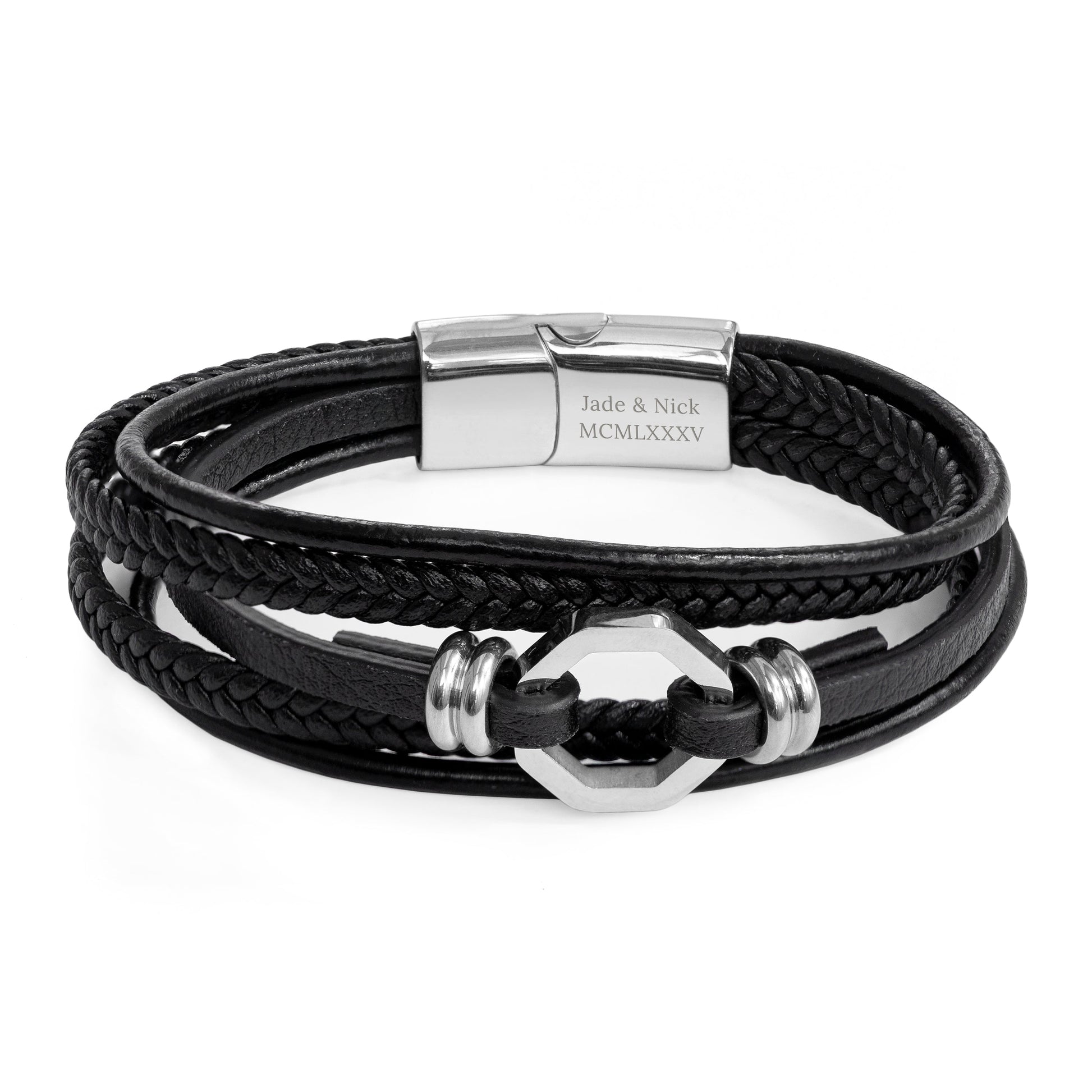 Personalized Men's Bracelets - Personalized Men's Mayfair Leather Bracelet in Silver 