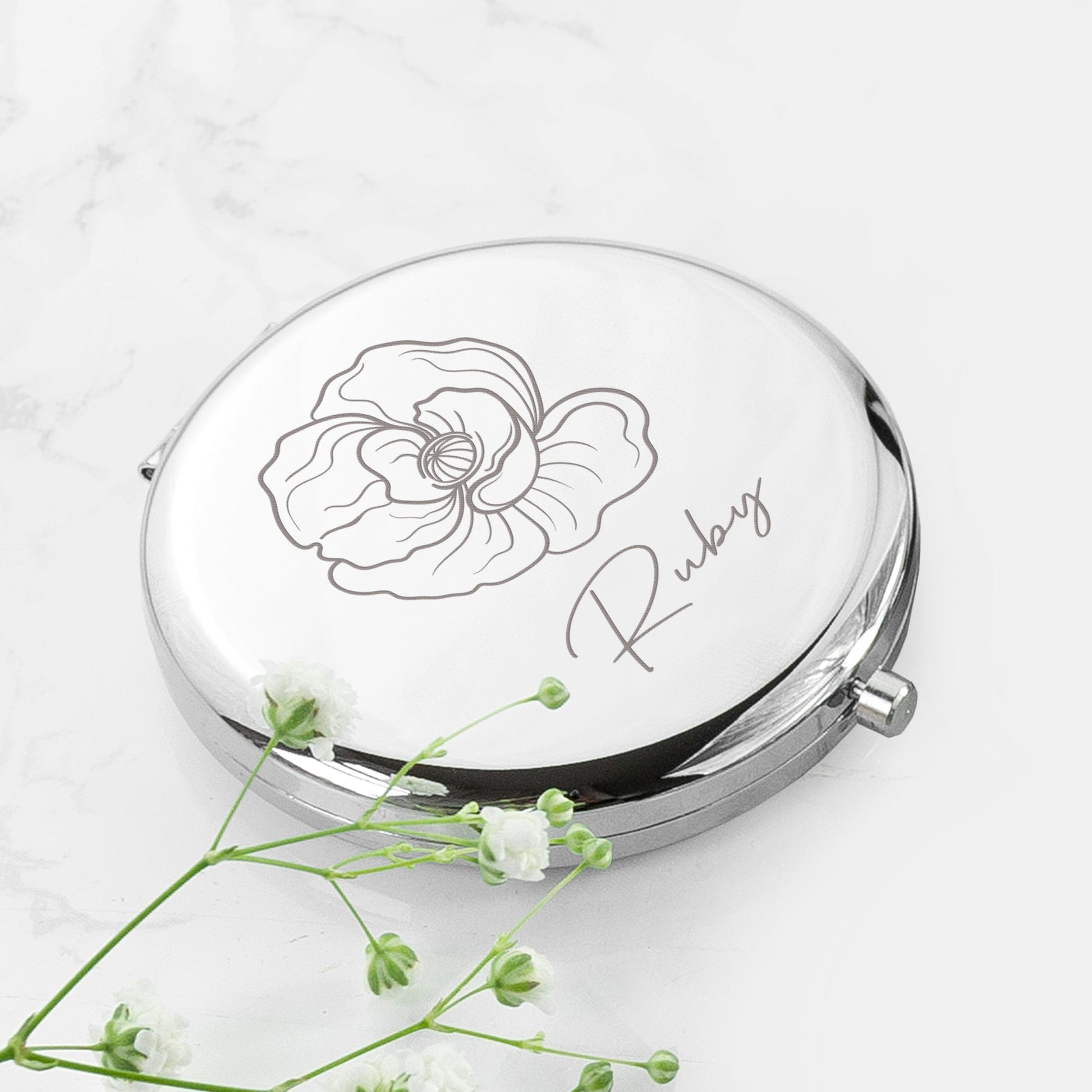 Personalized Silver Round Birth Flower Compact Mirror - GiftsofaKind