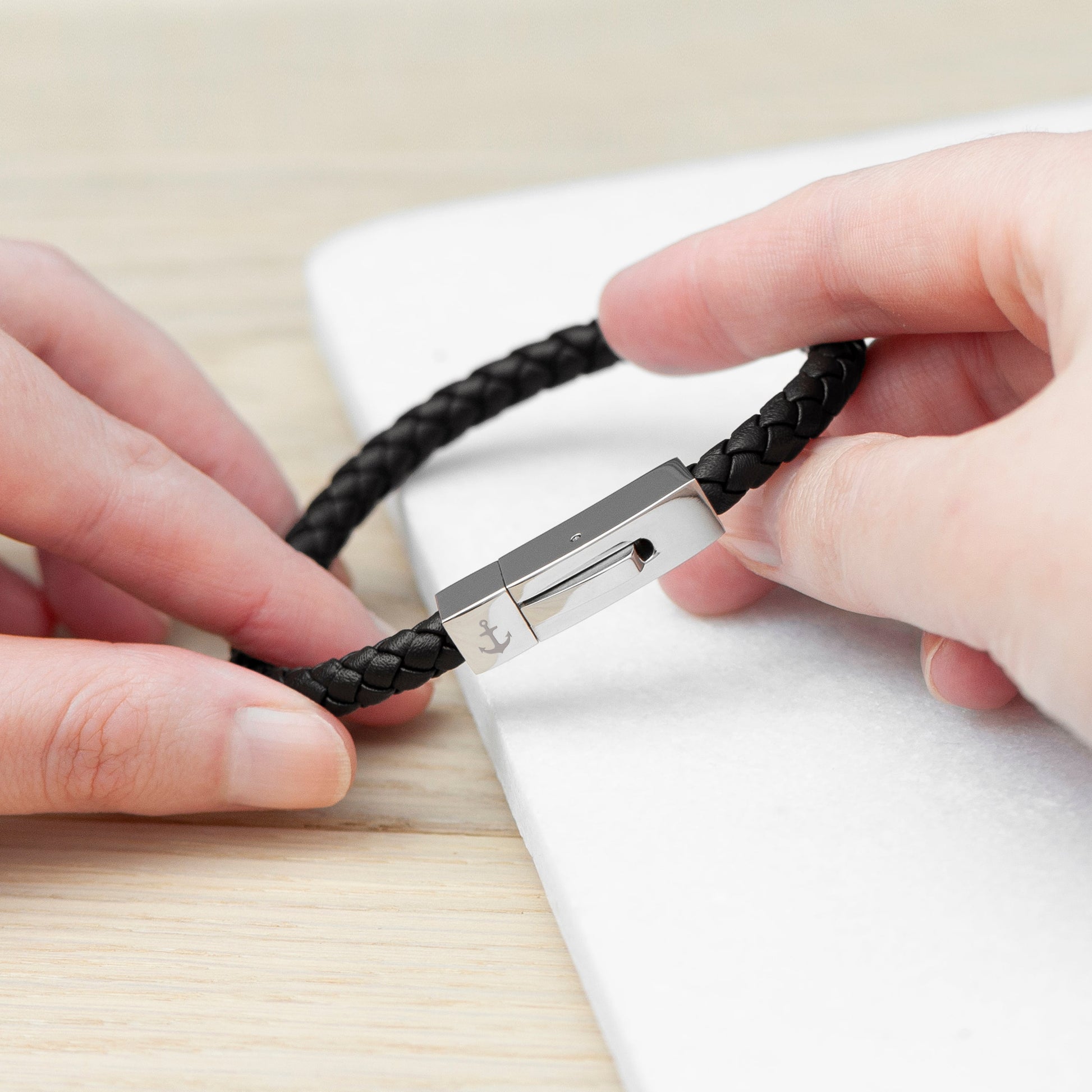 Personalized Men's Bracelets - Personalized Men's Leather Anchor Bracelet With Tube Clasp 