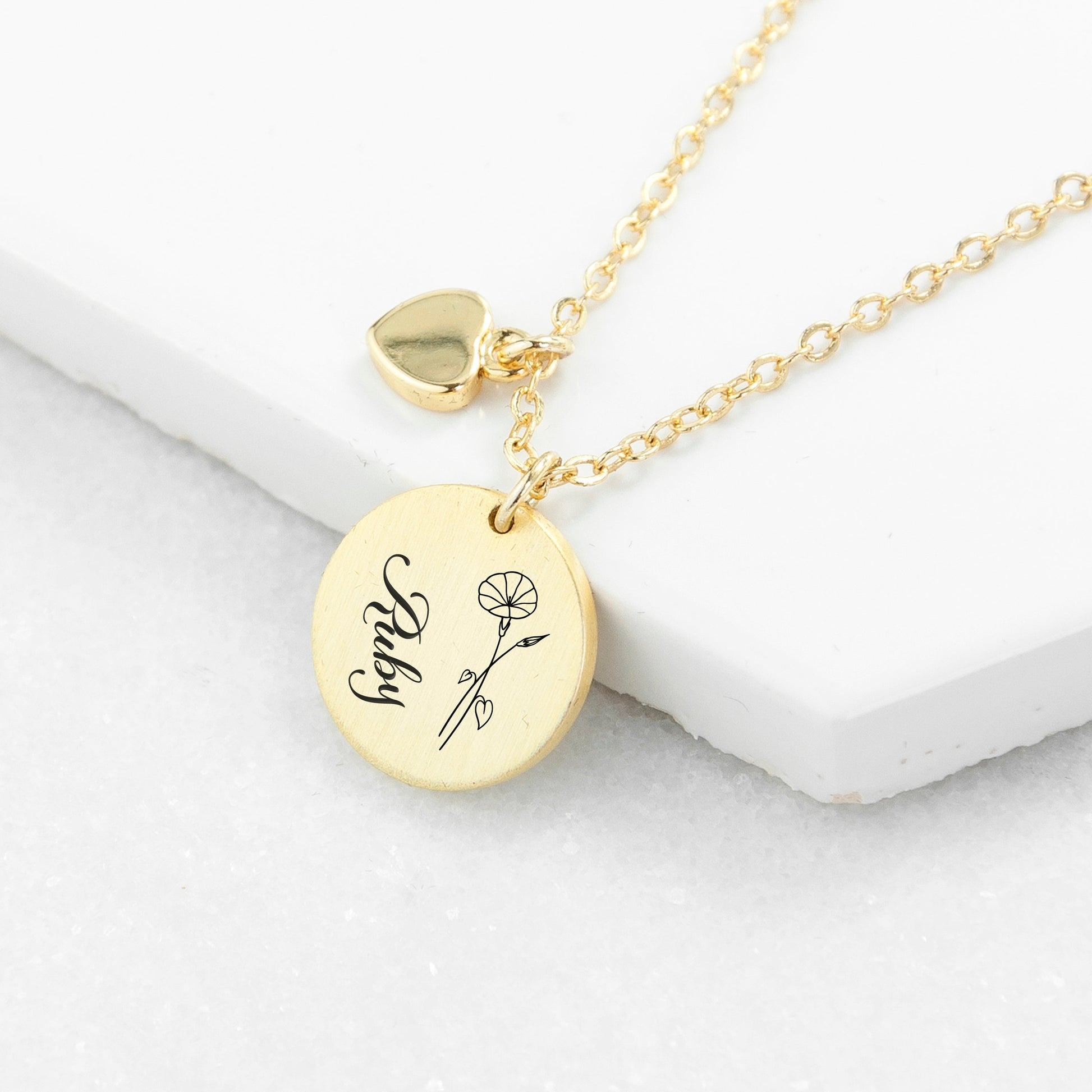 Personalized Birth Flower Brushed Heart and Disc Necklace - Lovesakes