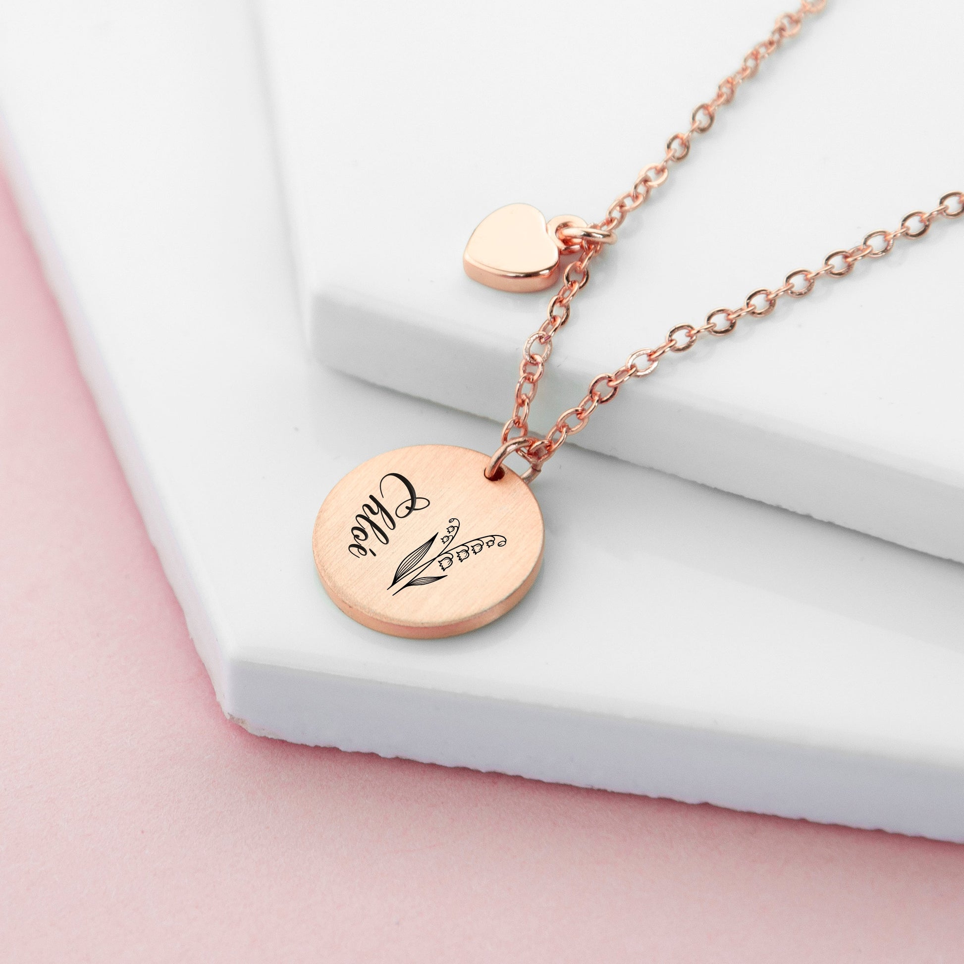 Personalized Birth Flower Brushed Heart and Disc Necklace - Lovesakes