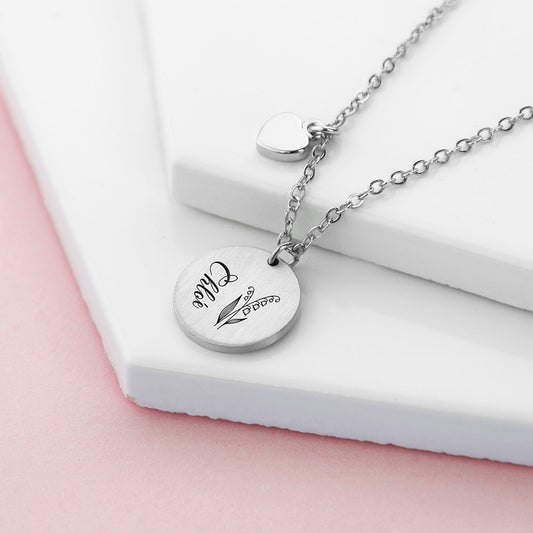 Personalized Birth Flower Brushed Heart and Disc Necklace