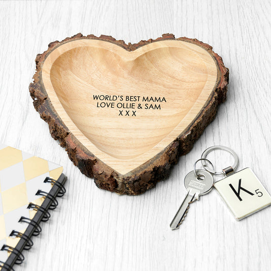 Personalized Rustic Carved Wooden Heart Trinket Dish