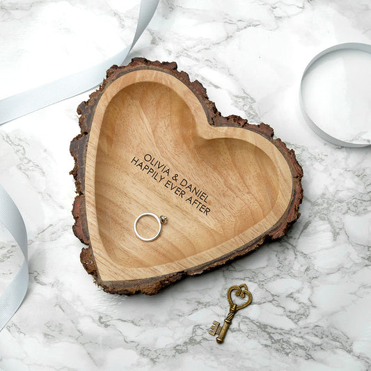 Personalized Rustic Carved Wooden Heart Trinket Dish