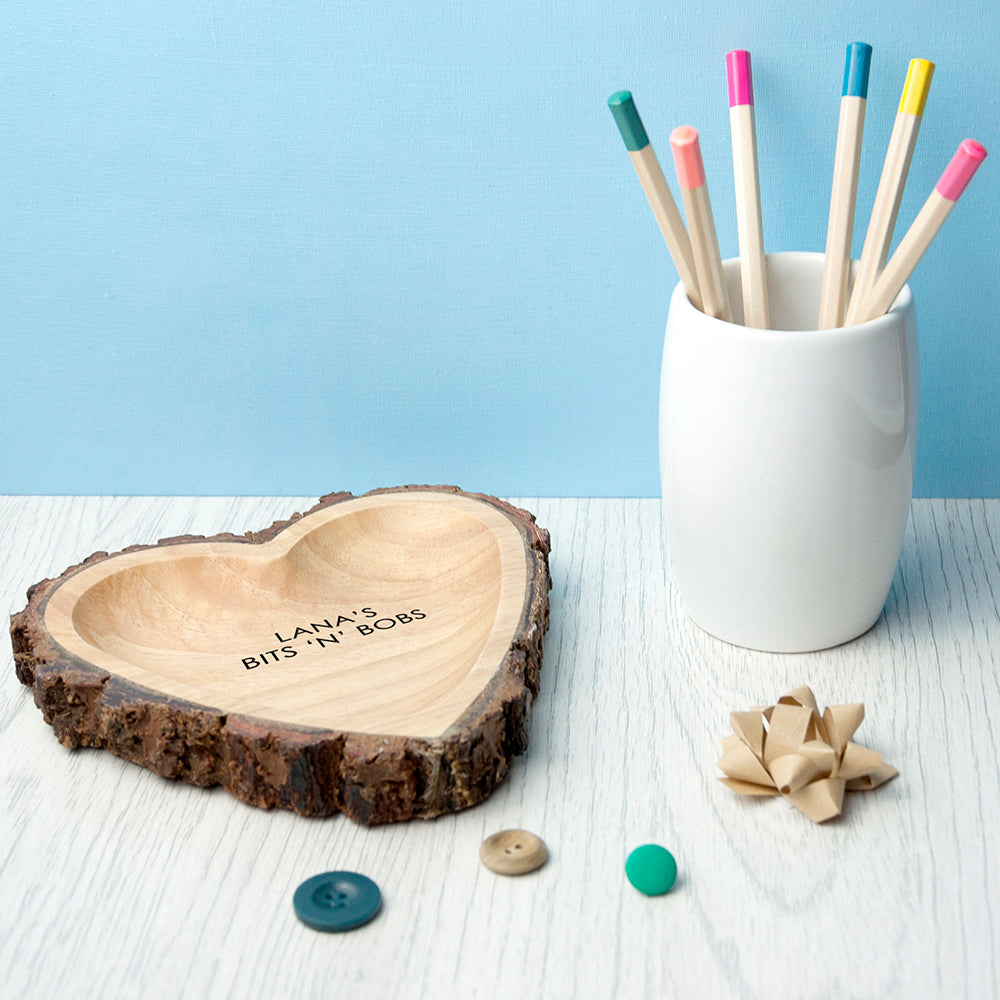 Personalized Tidy Trays - Personalized Rustic Carved Wooden Heart Trinket Dish 