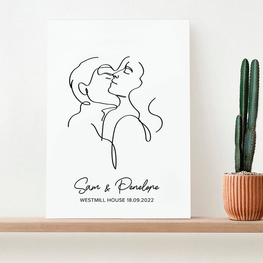 Personalized Romantic Line Art Embracing Couple Print