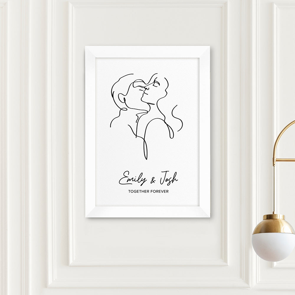 Personalized Wall Print - Personalized Romantic Line Art Embracing Couple Print 