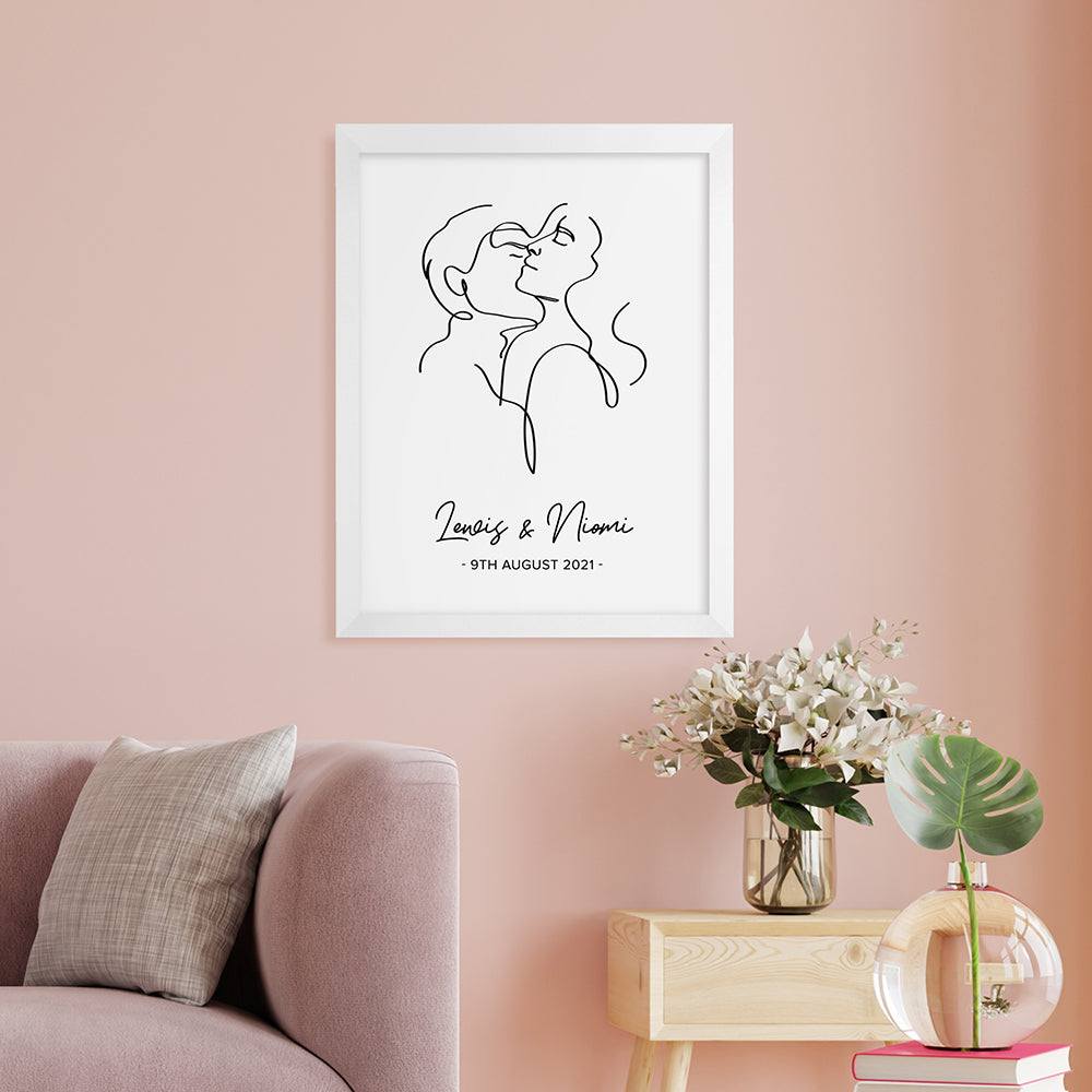 Personalized Wall Print - Personalized Romantic Line Art Embracing Couple Print 
