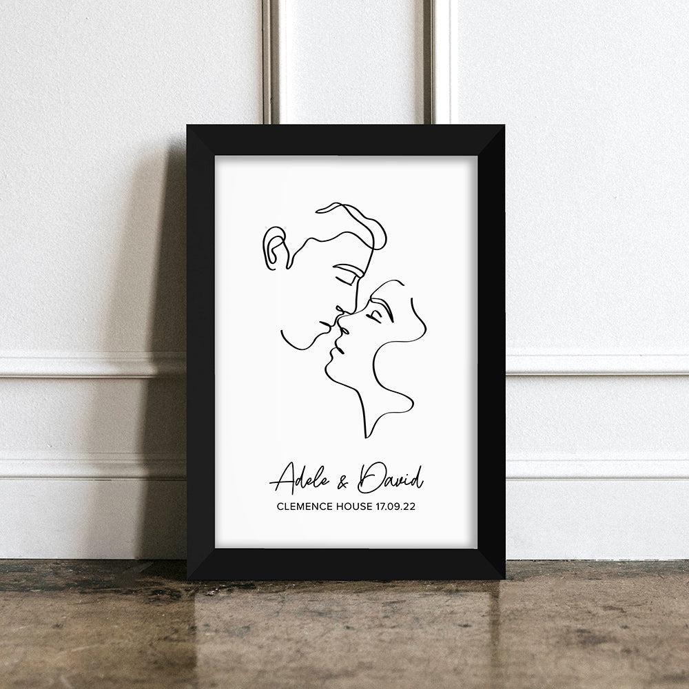 Personalized Wall Print - Personalized Romantic Line Art Kissing Couple Print 