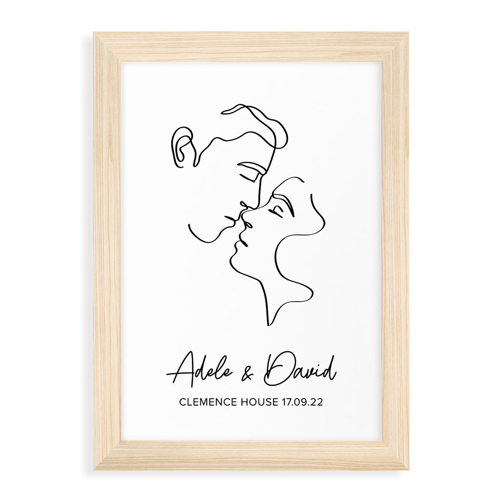 Personalized Wall Print - Personalized Romantic Line Art Kissing Couple Print 