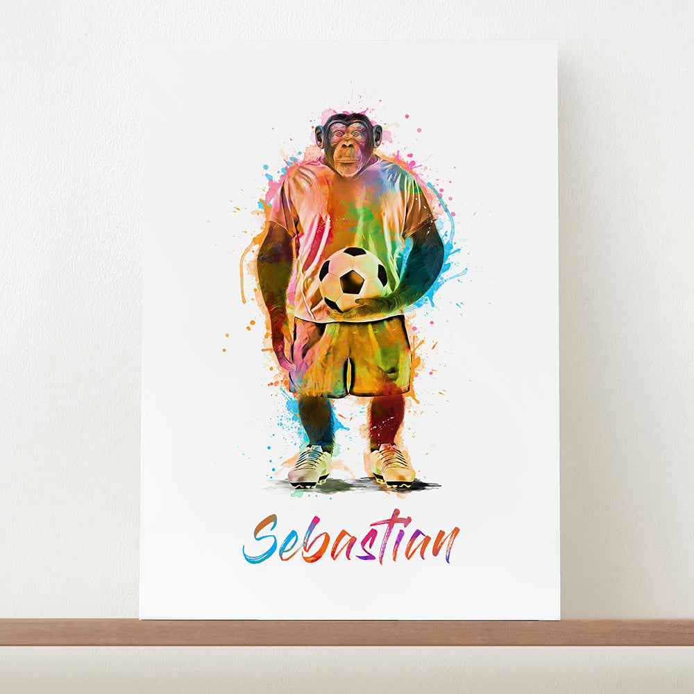 Personalized Wall Print - Personalized Watercolour Chimpanzee Football Print 