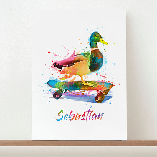 Personalized Watercolour Duck Skateboarding Print