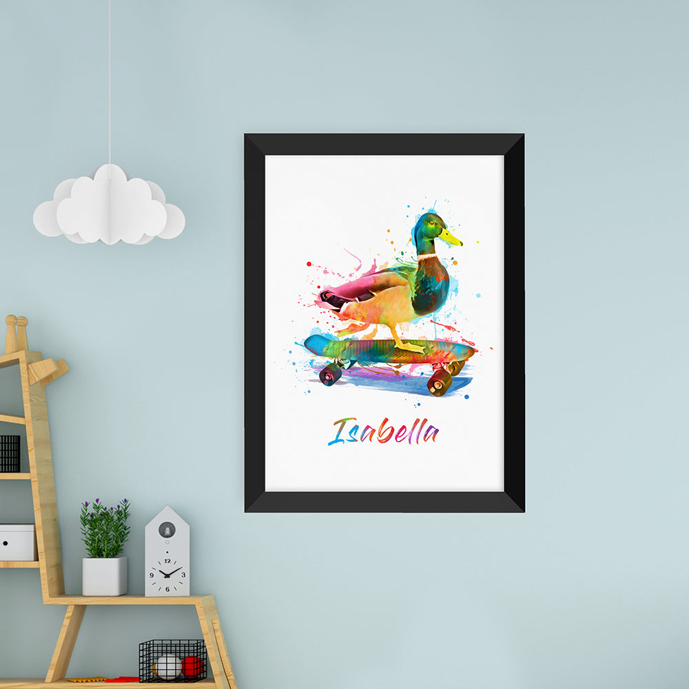 Personalized Wall Print - Personalized Watercolour Duck Skateboarding Print 