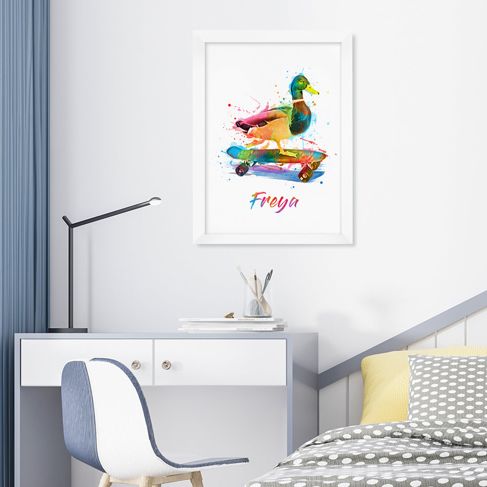 Personalized Wall Print - Personalized Watercolour Duck Skateboarding Print 