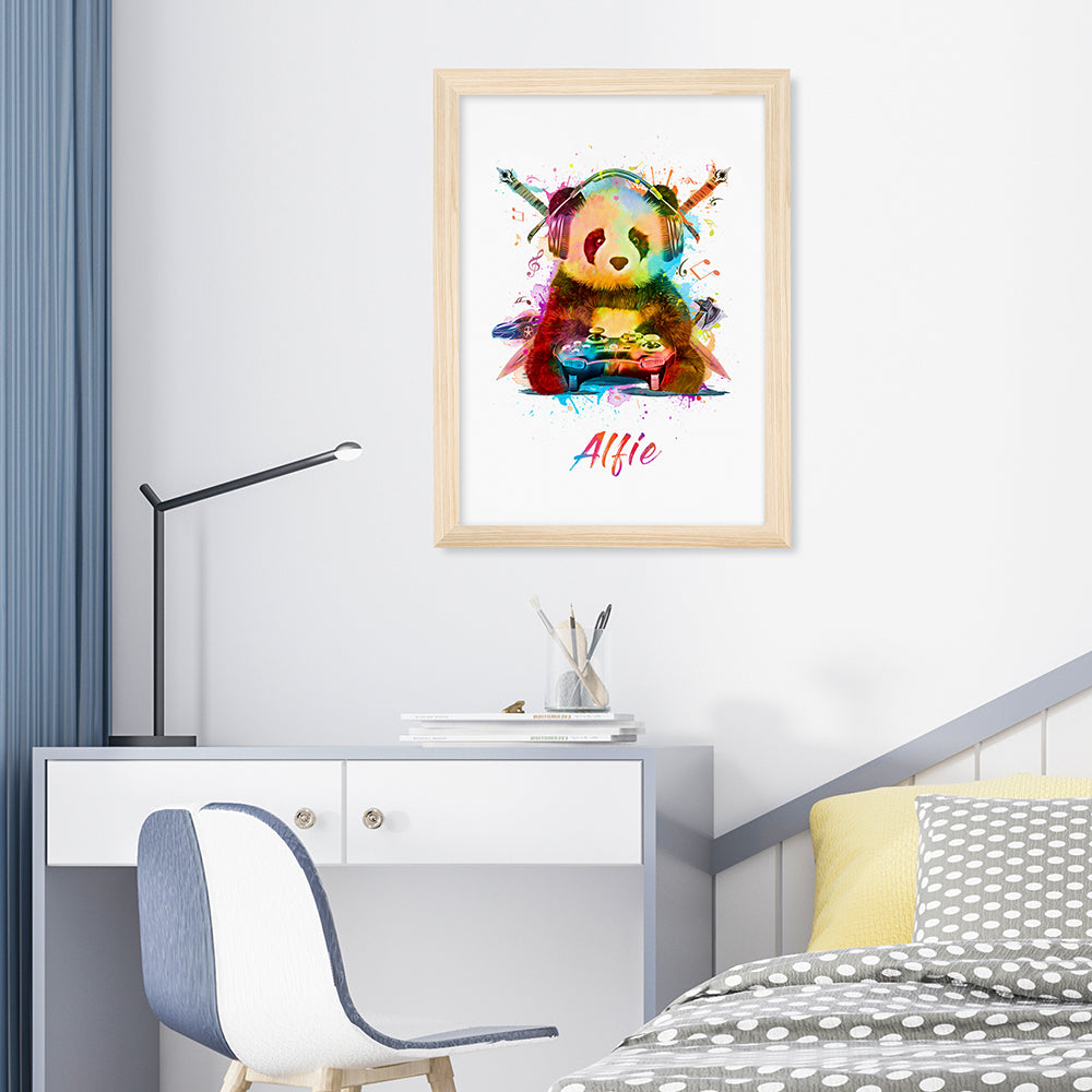 Personalized Wall Print - Personalized Watercolour Panda Gaming Print 