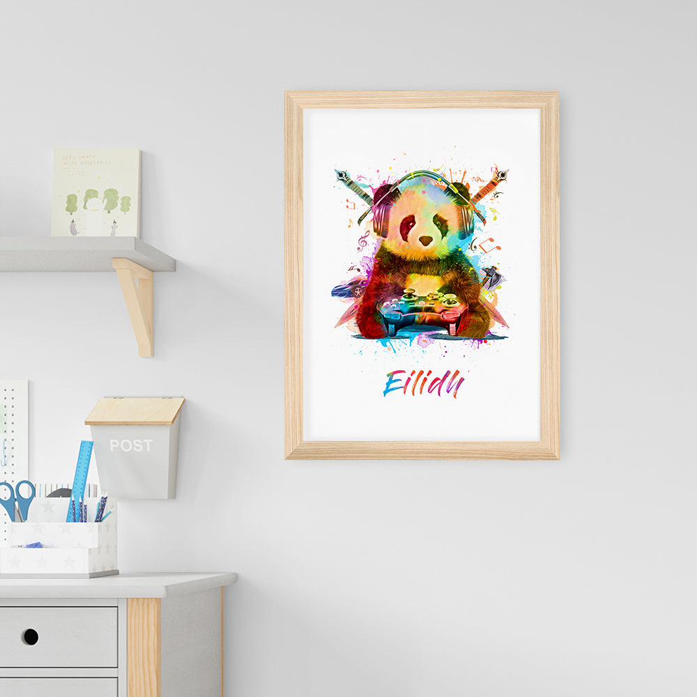 Personalized Wall Print - Personalized Watercolour Panda Gaming Print 