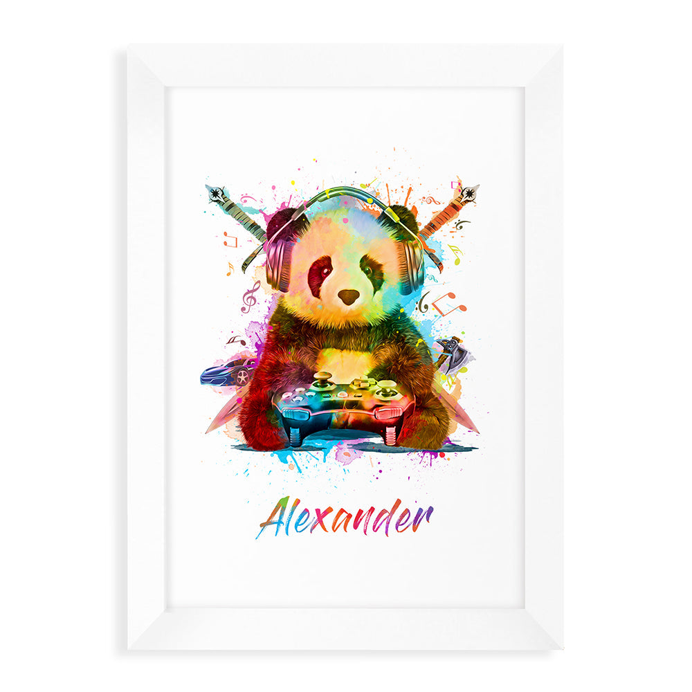 Personalized Wall Print - Personalized Watercolour Panda Gaming Print 