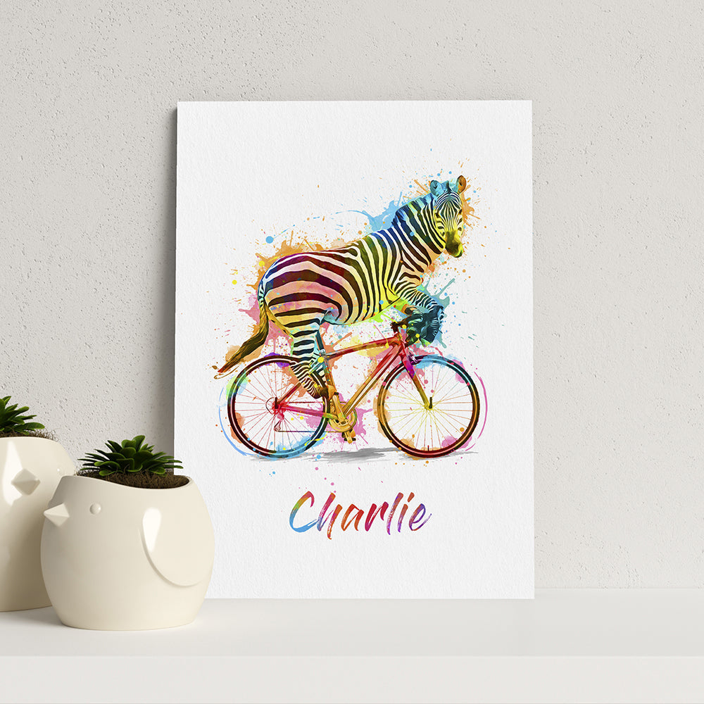 Personalized Wall Print - Personalized Watercolour Zebra Cycling Print 
