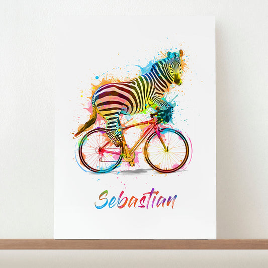 Personalized Watercolour Zebra Cycling Print