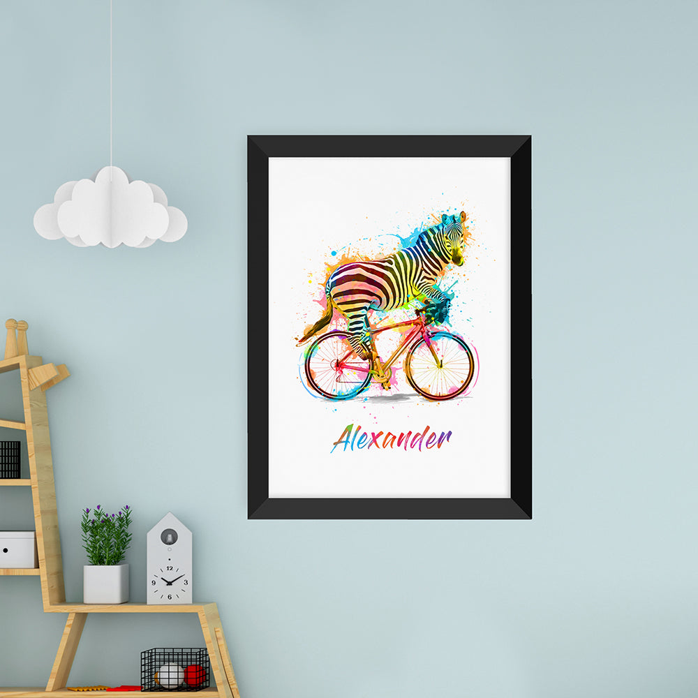 Personalized Wall Print - Personalized Watercolour Zebra Cycling Print 