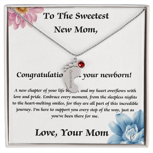 Sweetest New Mom Engraved Baby Feet Name Necklace With Birthstones