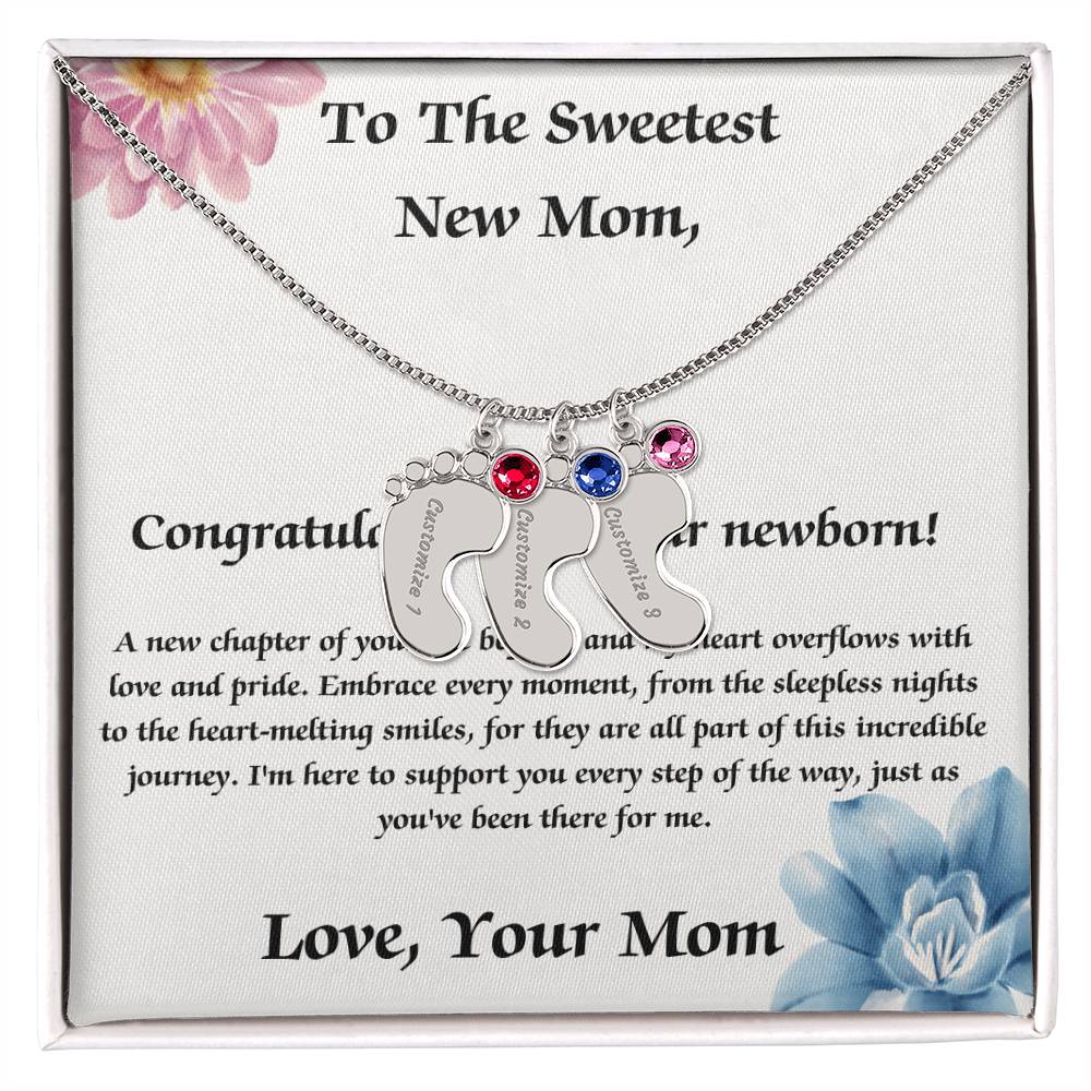 Sweetest New Mom Engraved Baby Feet Name Necklace With Birthstones | Lovesakes | Sentimental Gifts
