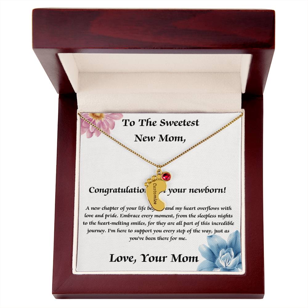 Sweetest New Mom Engraved Baby Feet Name Necklace With Birthstones | Lovesakes | Sentimental Gifts