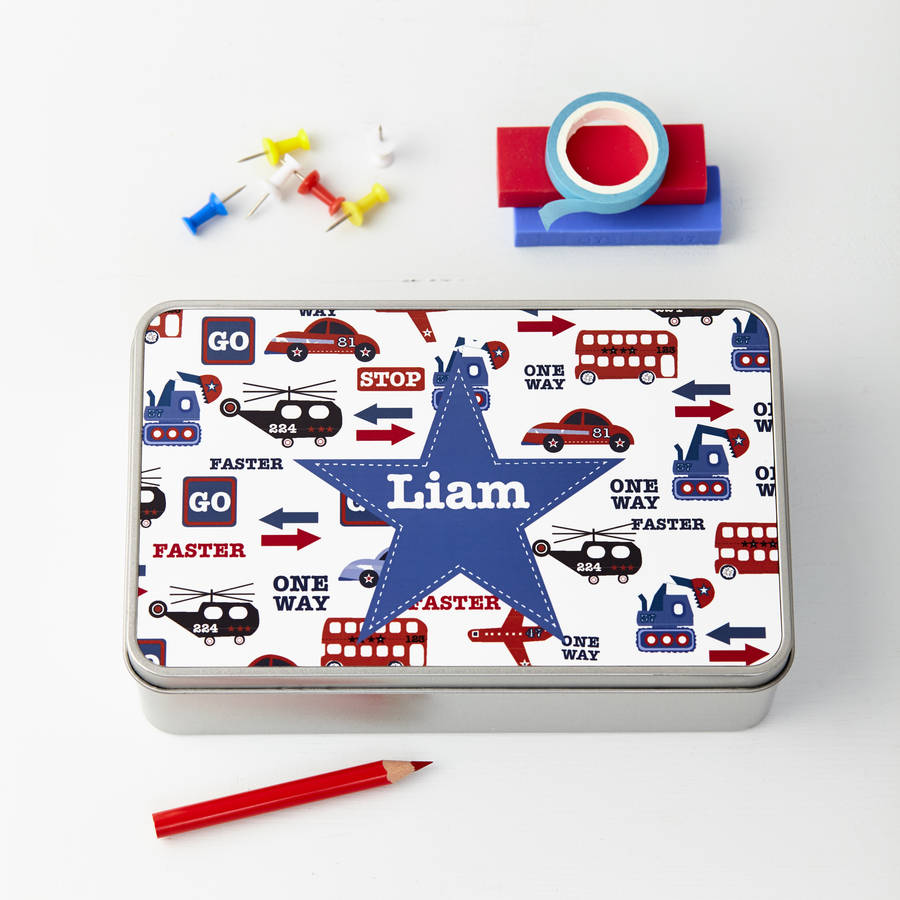 Personalized Pencil Cases - Personalized Transport Themed Storage Tin 