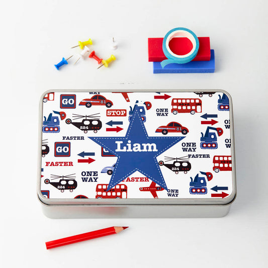 Personalized Transport Themed Storage Tin