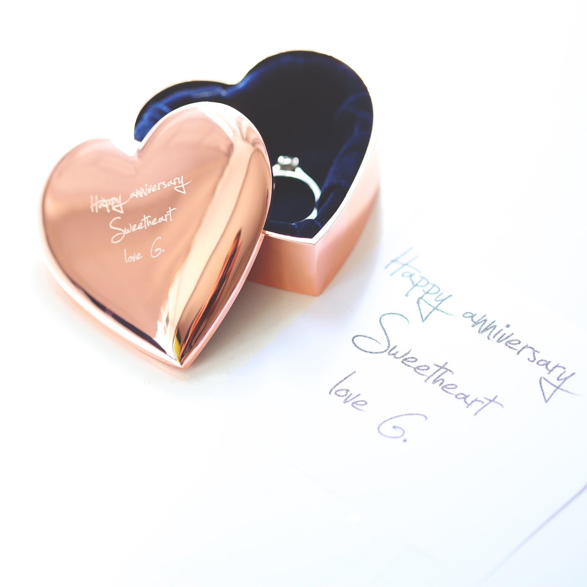 Personalized Trinket Boxes - Rose Gold Heart Trinket Box With Own Handwriting 