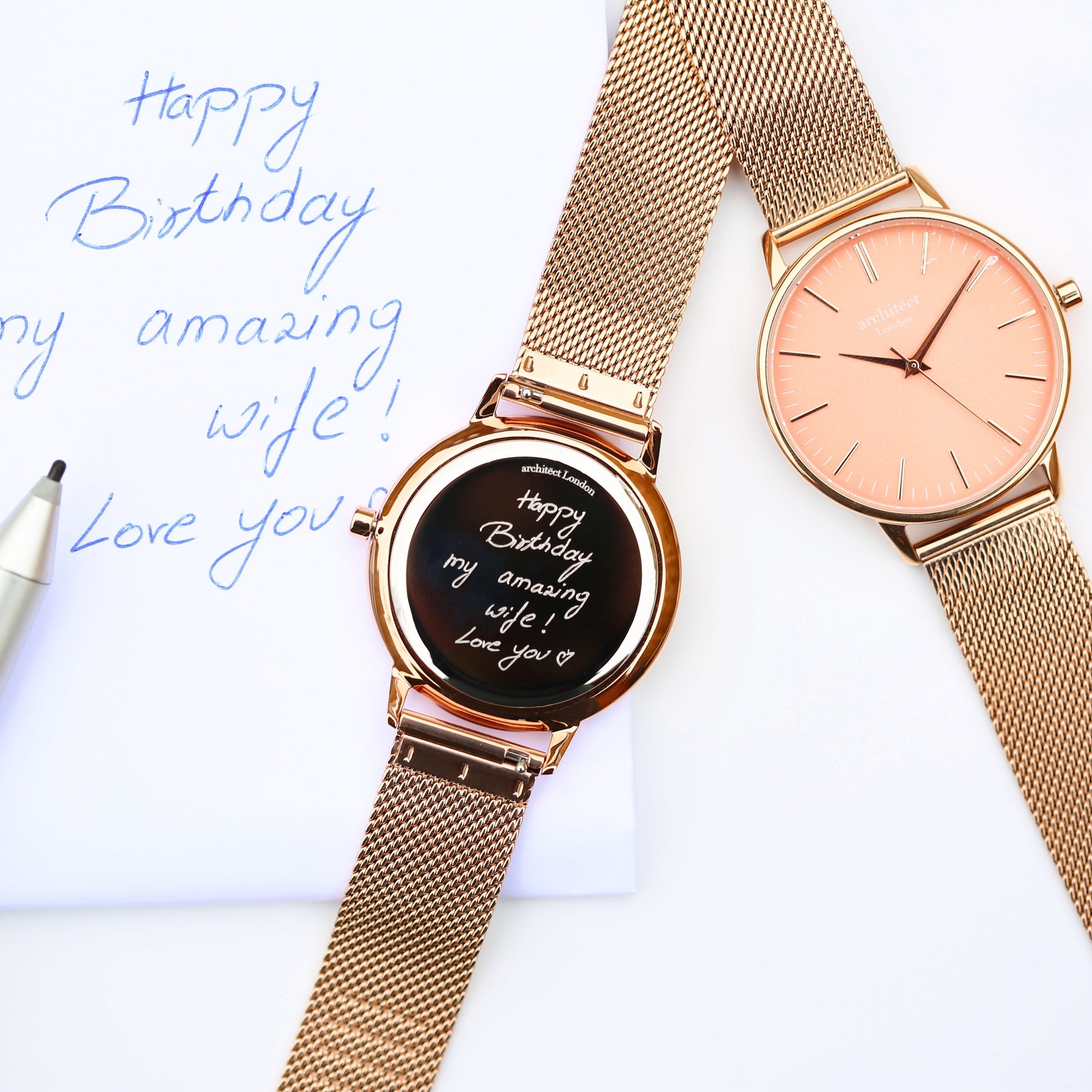 Personalized Ladies' Watches - Handwriting Engraved Watch In Rose Gold Strap 