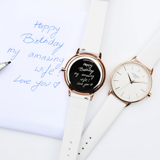 Ladies Handwriting Engraved Watch in White Strap