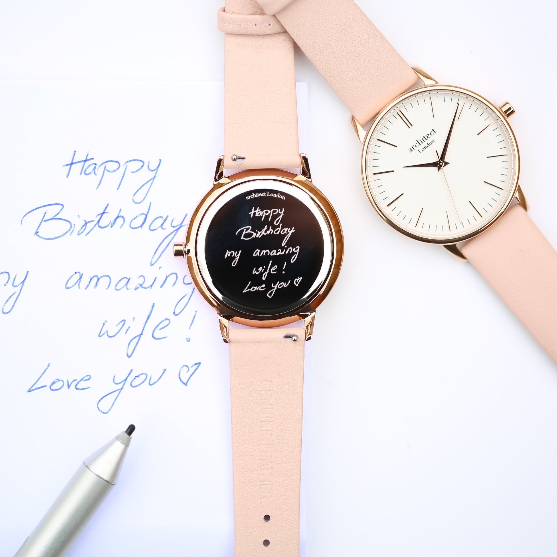 Personalized Ladies' Watches - Ladies Handwriting Engraved Watch in Light Pink 