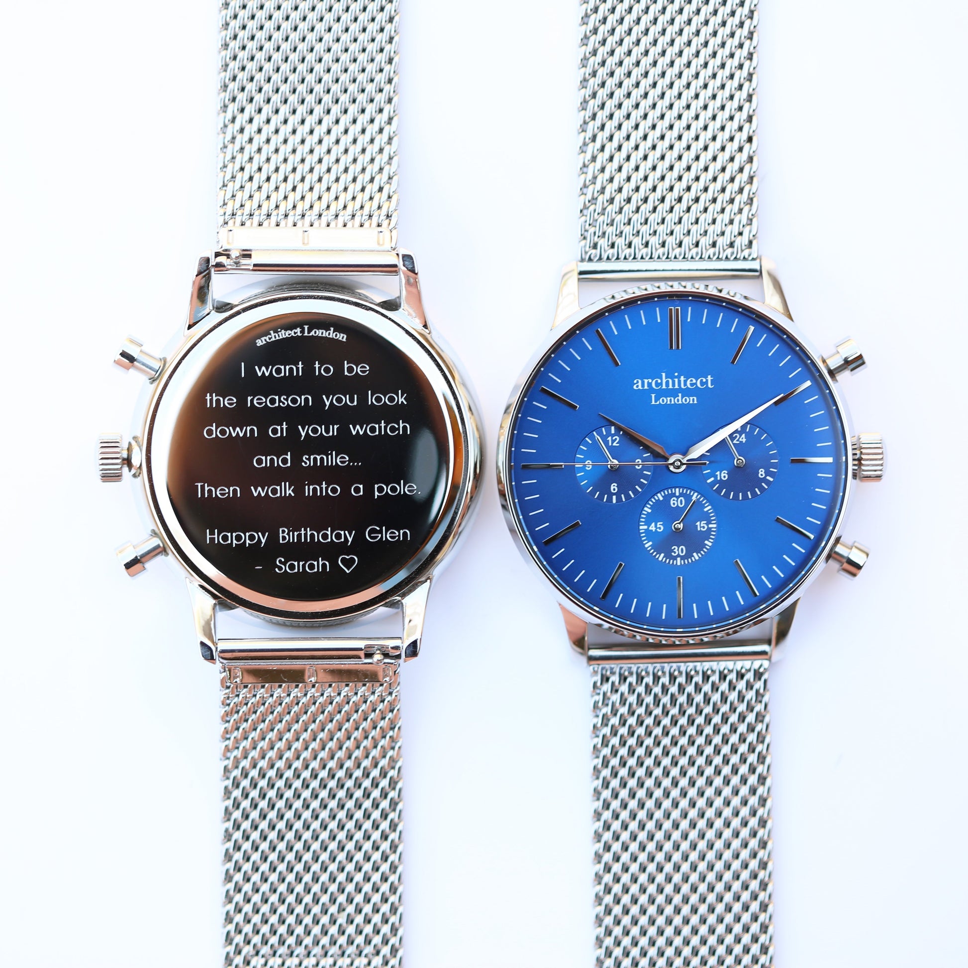 Personalized Men's Watches - Men's Architect Engraved Watch In Blue Face Silver 