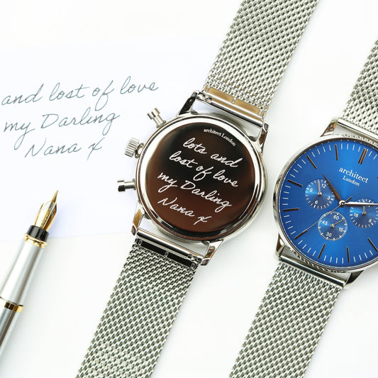 Men's Handwriting Engraved Watch In Blue Face Silver