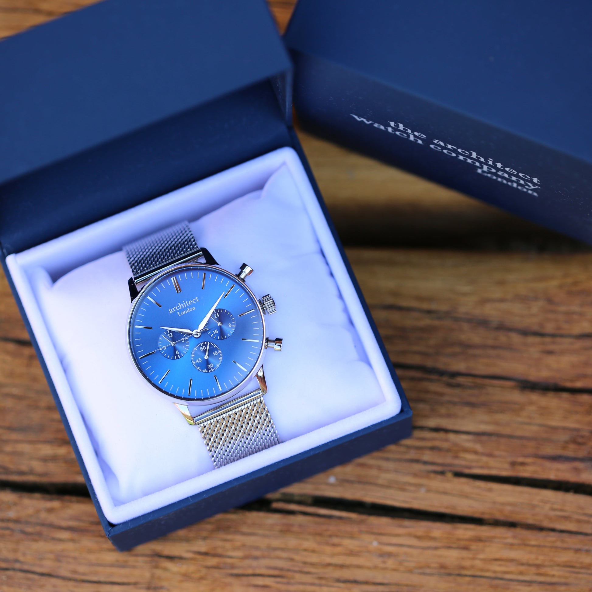 Personalized Men's Watches - Men's Handwriting Engraved Watch In Blue Face Silver 