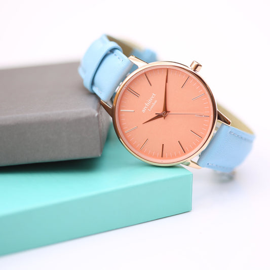 Ladies Architēct Coral Engraved Watch In Light Blue