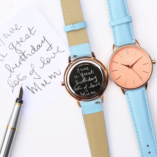 Handwriting Engraved Watch in Light Blue