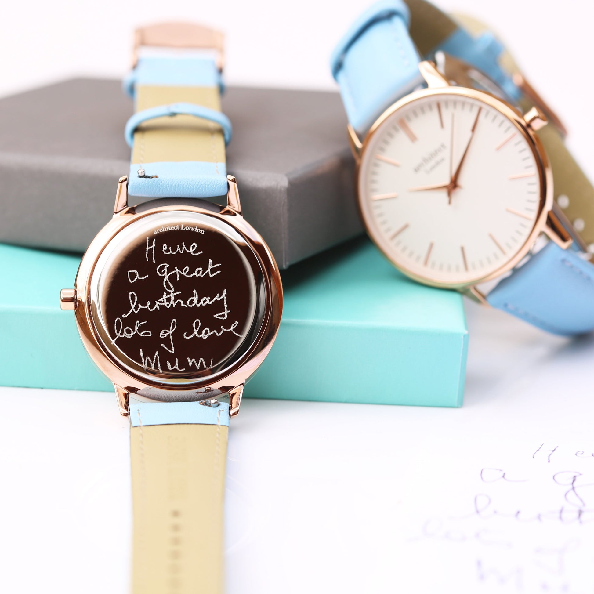 Personalized Ladies' Watches - Ladies Handwriting Engraved Watch in Light Blue 