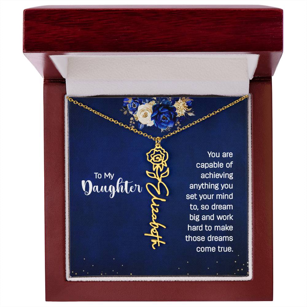 Personalized Necklaces + Message Cards - Birth Flower Name Necklace - Daughter, Dream Big 