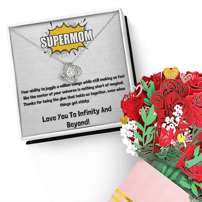 Personalized Necklaces + Message Cards - Love Knot Necklace + Super Mom  Card & Faux Flower Bouquet 