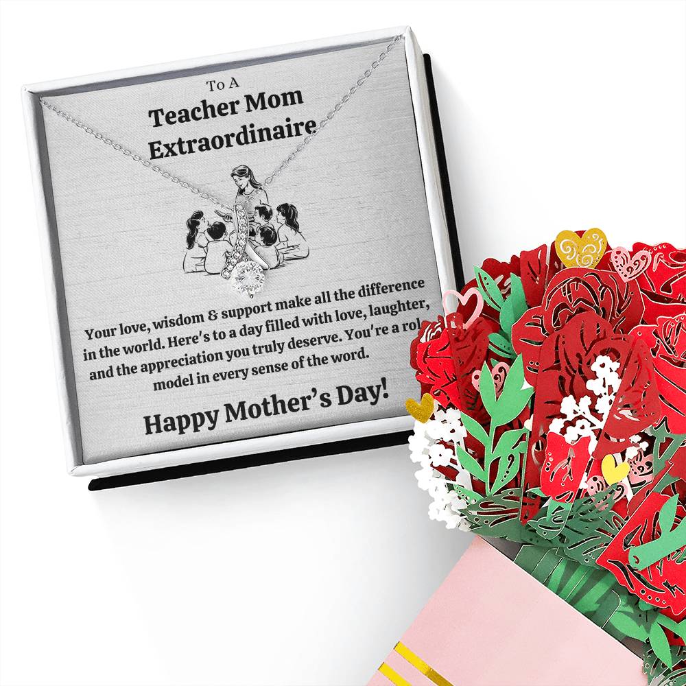 Personalized Necklaces + Message Cards - Teacher Mom Ribbon Necklace + Faux Flower Bouquet 