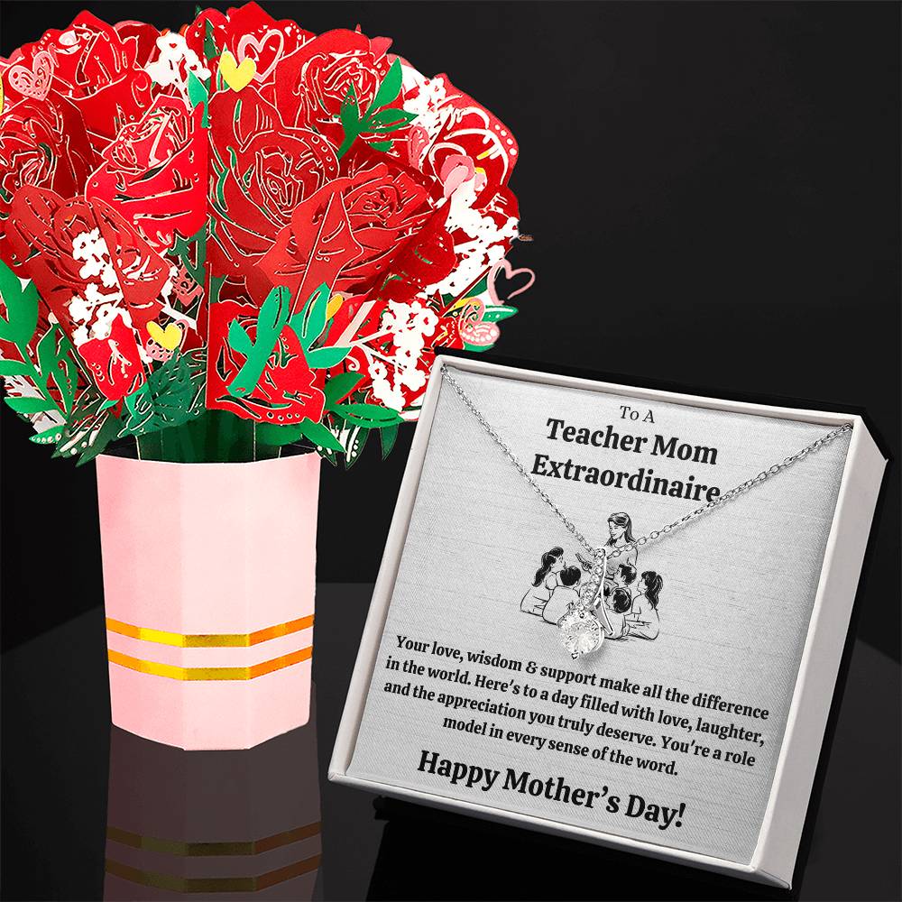 Personalized Necklaces + Message Cards - Teacher Mom Ribbon Necklace + Faux Flower Bouquet 
