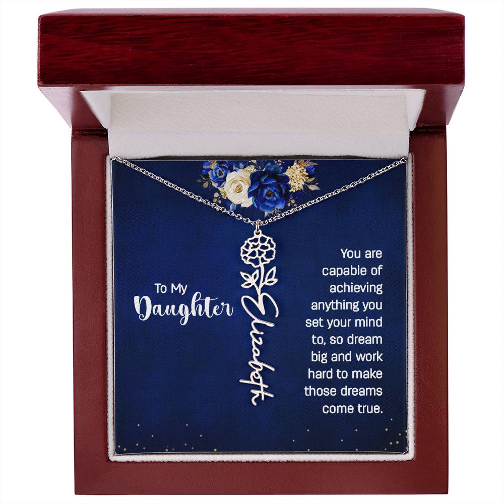 Personalized Necklaces + Message Cards - Birth Flower Name Necklace - Daughter, Dream Big 